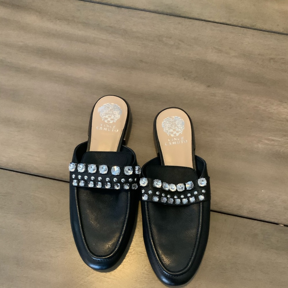 Black mules with crystal embellishments